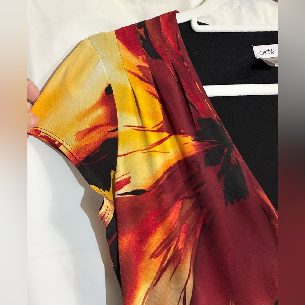 Cache Sunset 90s Y2K Dress Sz L faux Wrap Art to Wear Fitted Spandex Stretchy - Picture 8 of 8